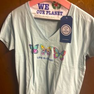 Brand new life is good tee shirt, top butterfly, size small